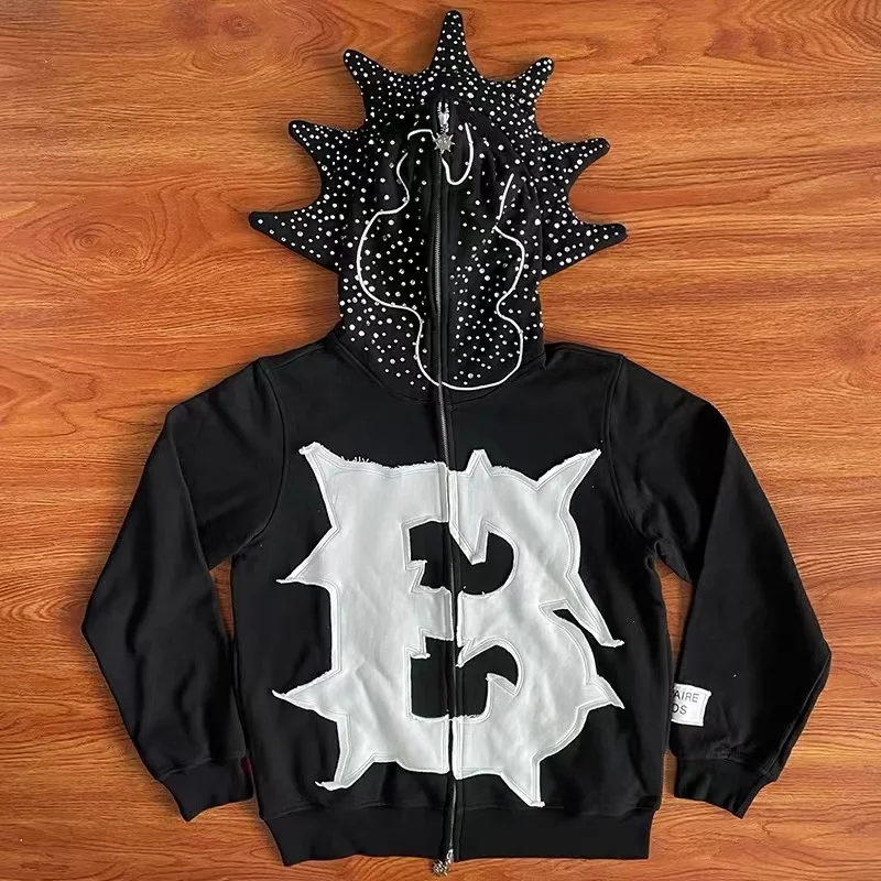 Glo Gang The Glory Jackets High Quality Grey Cartoon Indian PrintCasual Embroidered Clown Mask Zipper Hooded for Men Women