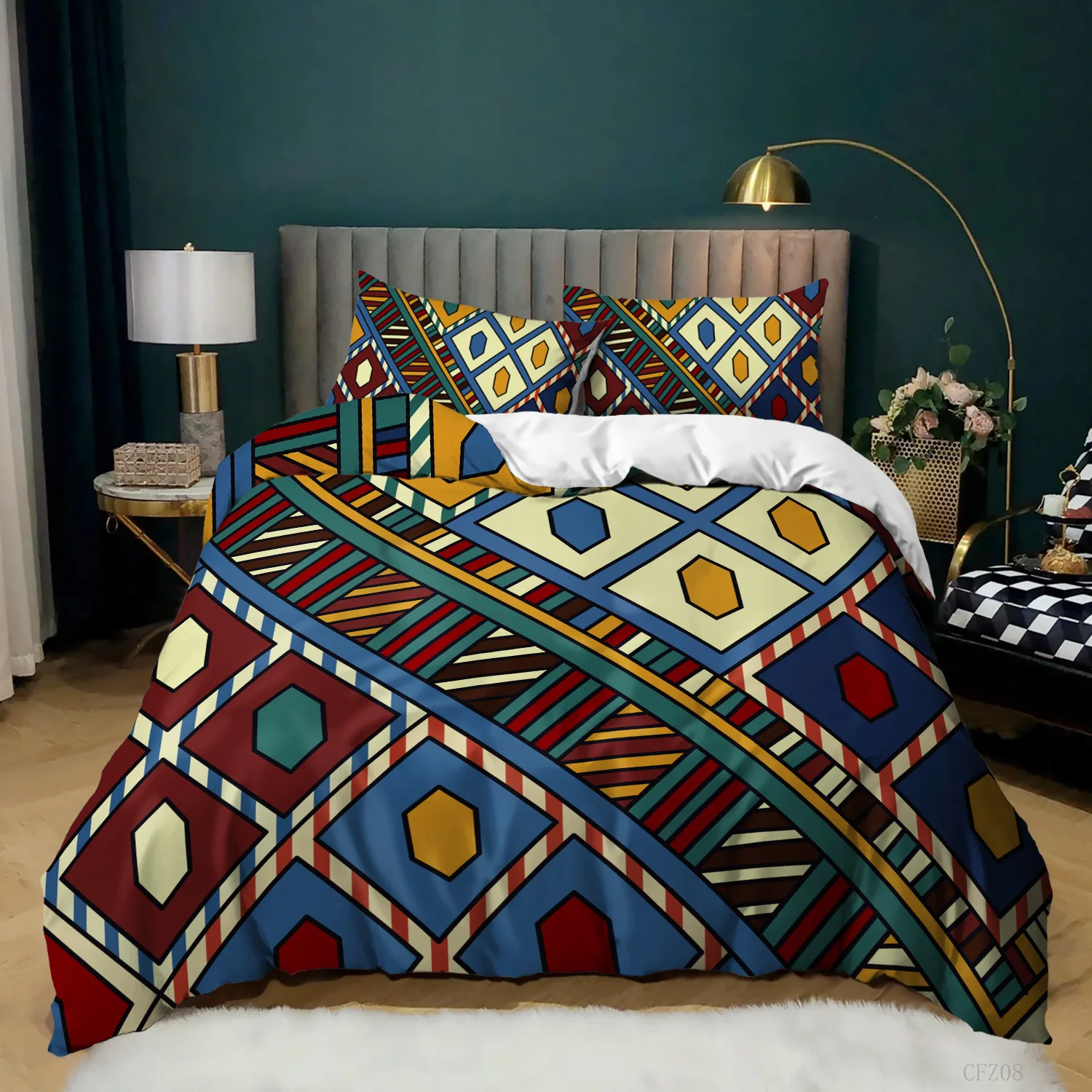 Boho Duvet Cover Striped Ethnic Bedding Country Style Comforter Cover Colourful Moroccan Southwestern Indian Tribal Bedding King