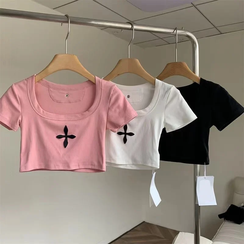 

Girls Summer T-shirt Children's Sweet and Spicy Style Square Collar Slim and Unique Design Sense Niche Solid Color Top