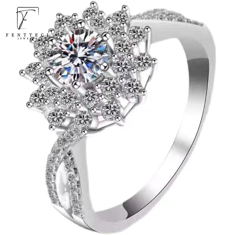 

FENTTECI Flower Snowflake D Color Moissanite Diamond Ring For Women With GRA Certificate S925 Sterling Silver Brilliant Wedding