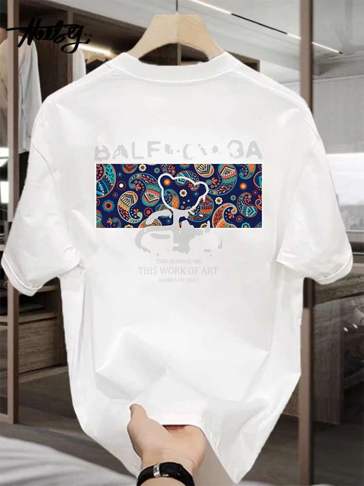 

Мужская футболка с короткими рукавами и медведем, мужская футболка в американском стиле ретро, модная брендовая летняя футболка из чистого хлопка высокого класса, новая футболка унисекс с половиной рукава