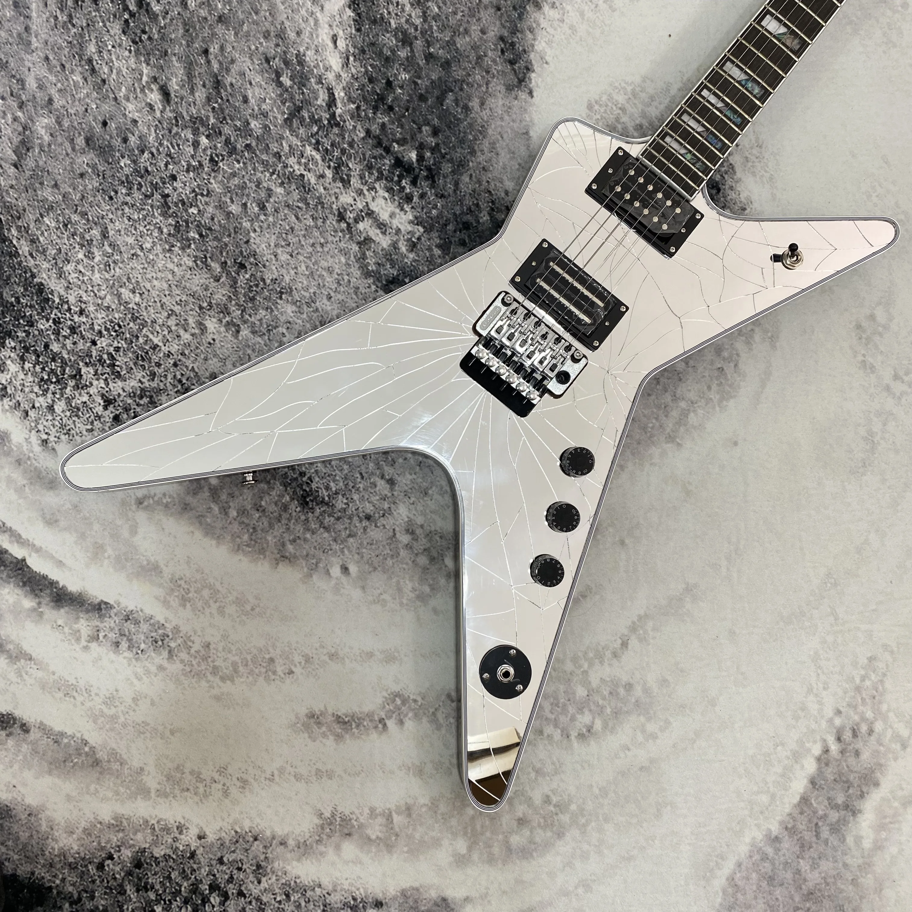 V Shape Electric Guitar, Mirror Cracked Silver Surface Body, Double Tremolo Bridge System, Dual High‑Output Humbucker Pickups