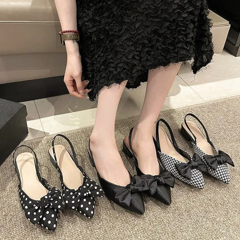 Women\'s Pumps Fashion Pointed Toe Bowknot Slingbacks Pumps Plaid Polka Dots Heels Slip-on Small Heel Sandals Casual Thin Shoes