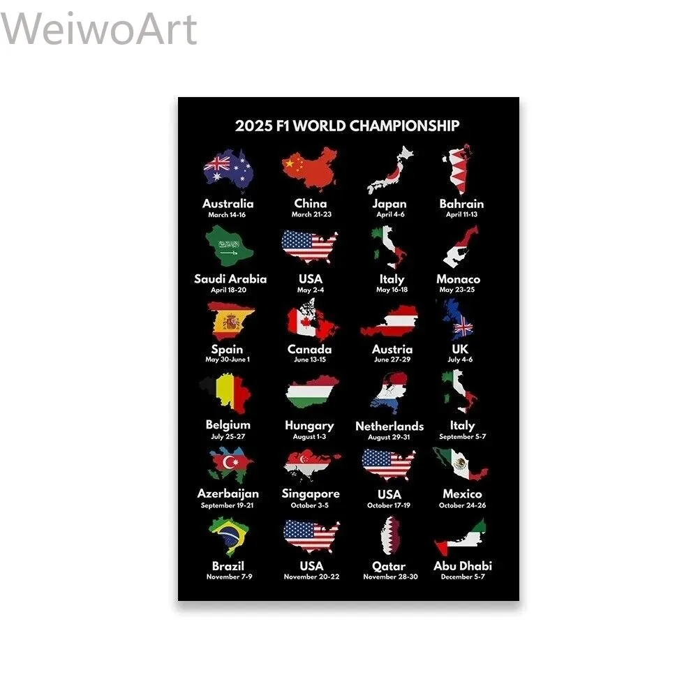 Календарь F1 2025, постер и принт Формулы 1, гоночная страна, настенная живопись, спортивная картина для комнаты мальчиков, офисный декор