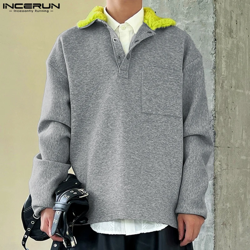 Handsome Long Sleeved Lapel Sweatshirt Well Fitting Tops INCERUN Men Color Blocking Splicing Plush Neck Pullover Male Streetwear