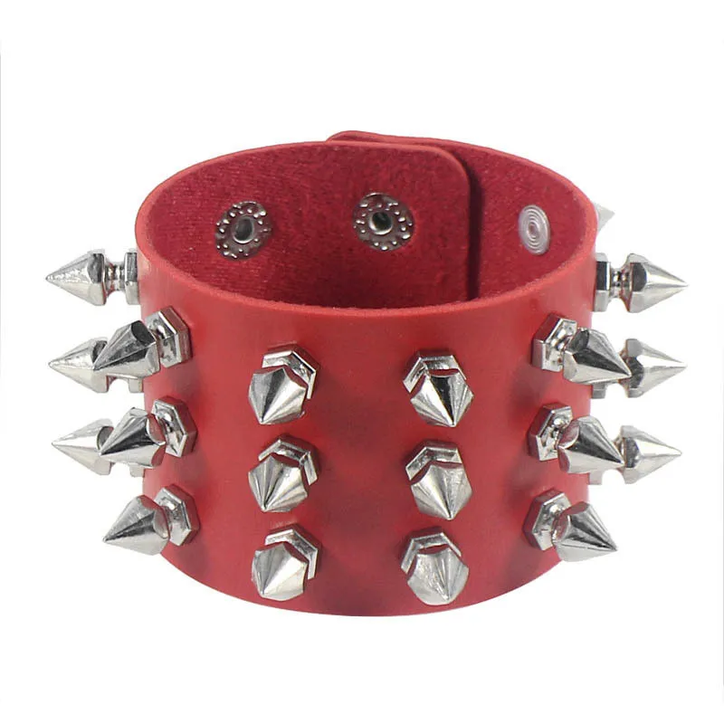 2023 Red Fashion Gothic Punk Spike Rivets Metal Pu Leather Bracelet Men Adjustable Bracelets Bangles Male Arm Jewelry Black