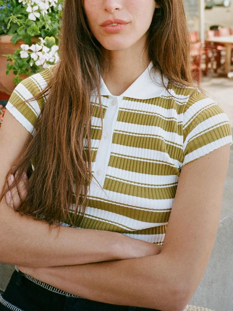 새로운 여름 여성 폴로 셔츠 편안한 스트라이프 골지 칼라 반팔 세련된 통근 스타일 슬림 피트 니트 탑