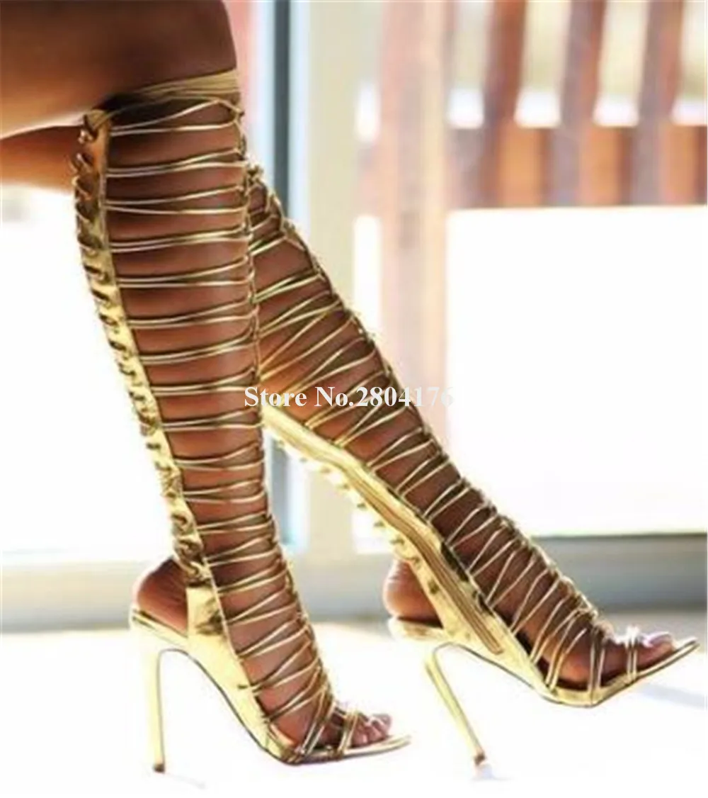 

Newest Women Gold Black Thin Straps Stiletto Heel Knee High Gladiator Boots Open Toe Cut-out Lace-up Thin Heel Long Sandal Boots