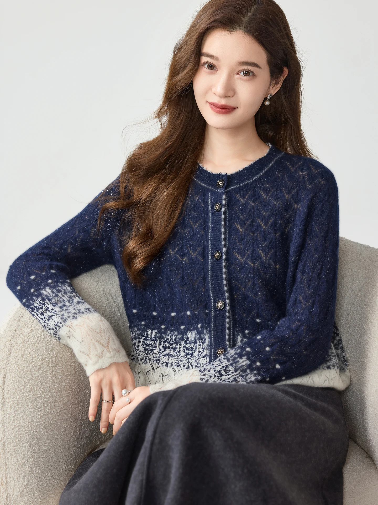 100% Cashmere Cardigan Sweater Autumn Winter Women's O-neck Clashing Color Gradient Hollow-out Loose Slim Knitted Jacket Fashion