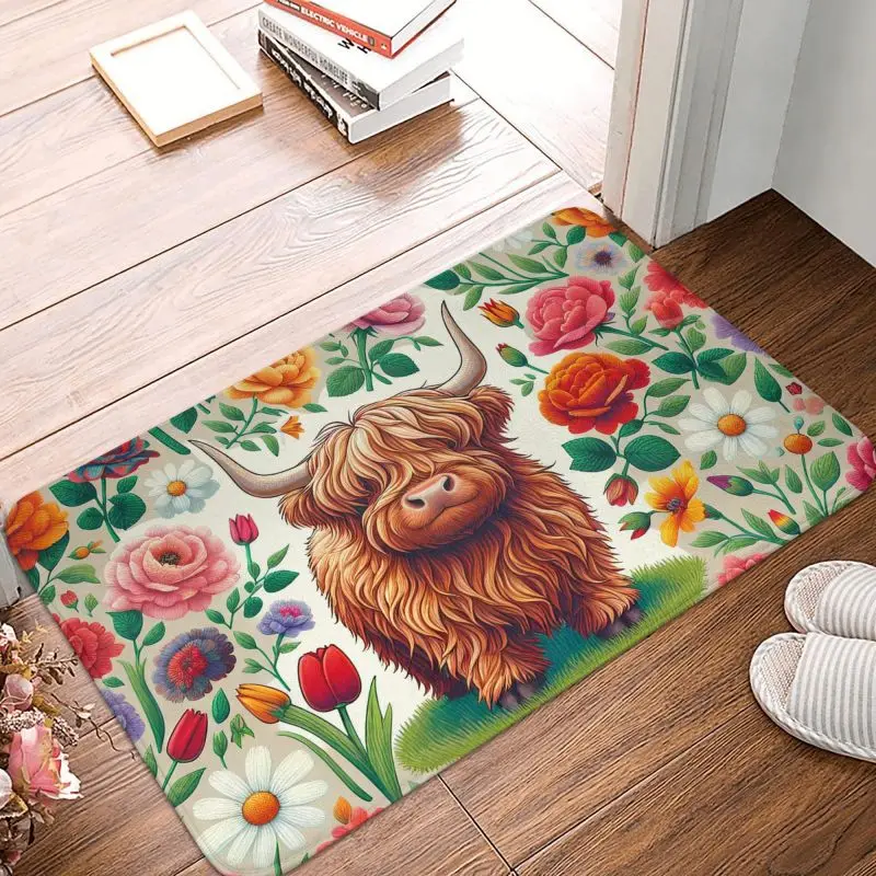 Custom Highland Cow And Flower Doormat Non-Slip Bath Kitchen Mat Living Room Door Floor Entrance Carpet Rug