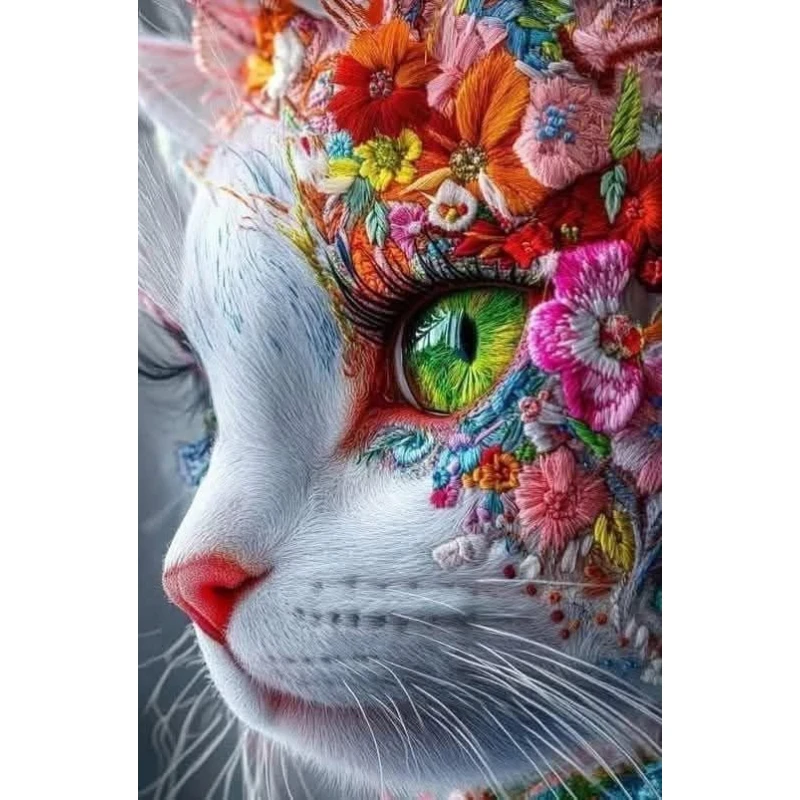 Oil Painting Stunning Green Eye Cat Floral DIY Digital Canvas Art Wall Decor for Game Room or Living Room