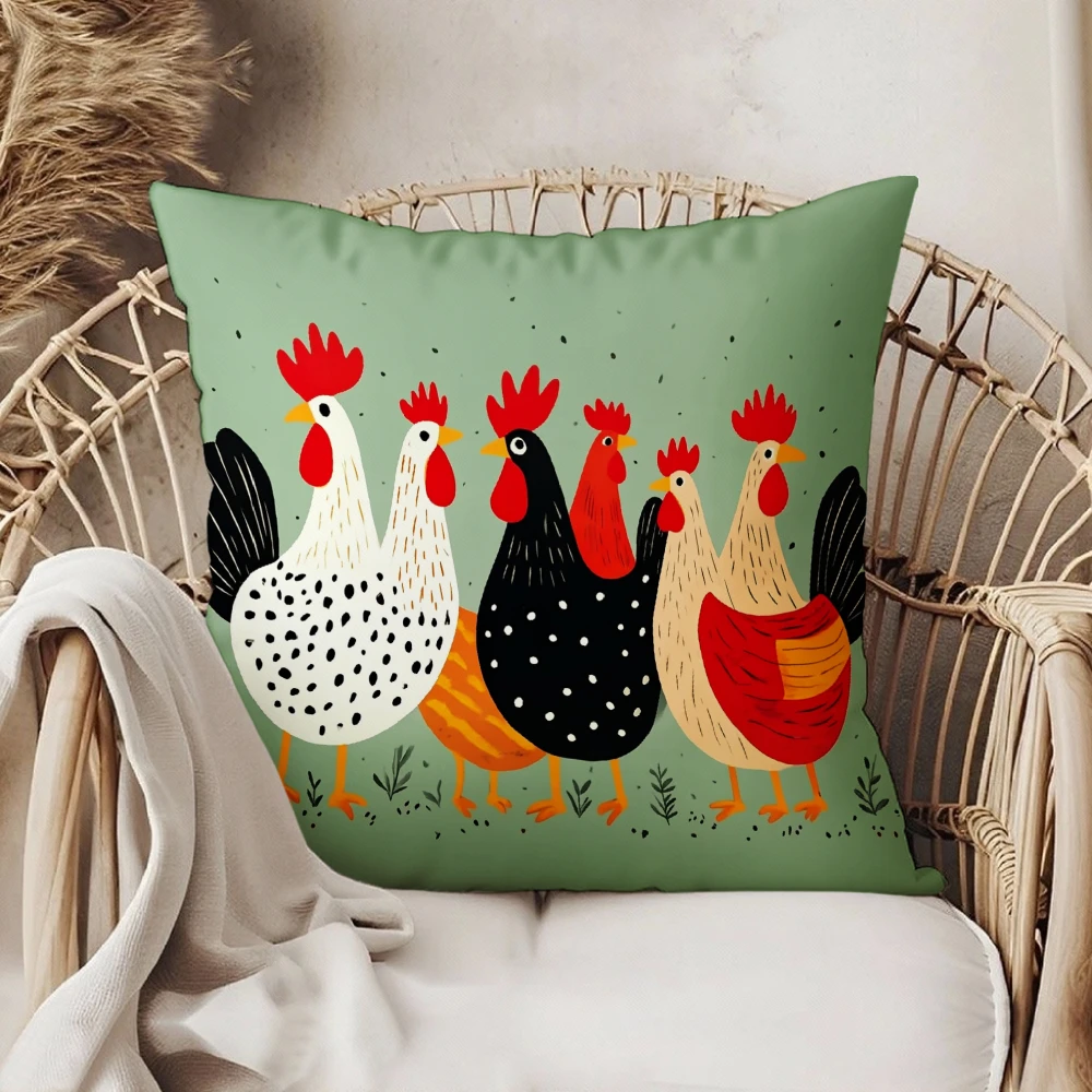 Square Throw Pillow Case Sage Green Cute Cartoon Chicken Rooster Hen Pattern Decorative Cushion Cover For Living Room Sofa Bedro