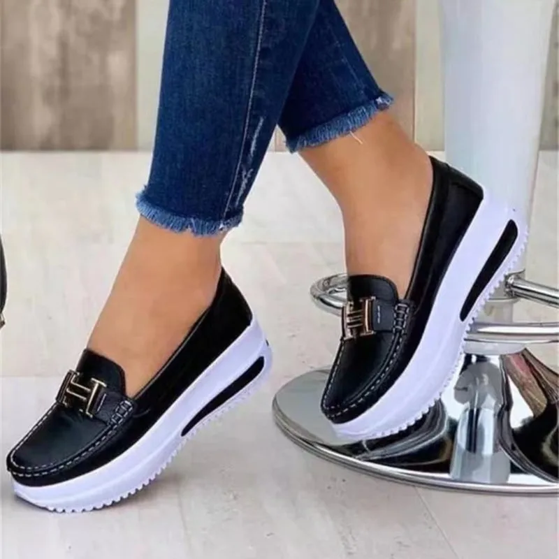 Sapatos vulcanizados impermeáveis de PU para mulheres, tênis de dedo redondo, casual diário, boca rasa, slip-on, andar, moda, novo, primavera, 2022