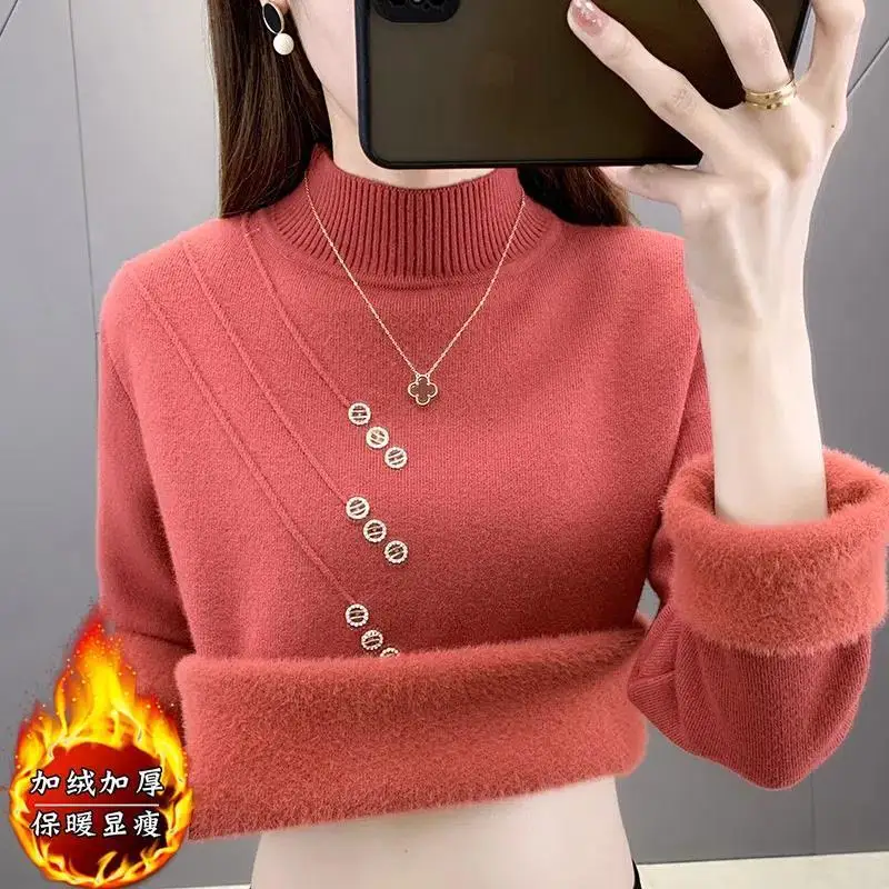 Suéter todo en uno de terciopelo grueso para mujer, nueva camisa de bajo de punto para otoño e invierno, Top de medio cuello alto