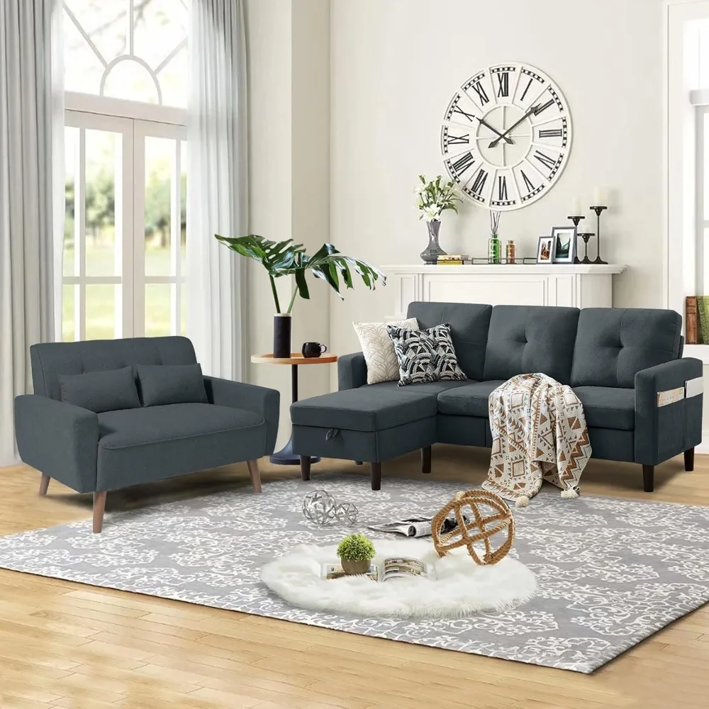 

2 Pcs Convertible Sectional Sofa Set, 3-Seater L Shaped Couch with Reversible Chaise and Comfy Loveseat Sofa Polyester Fibre.