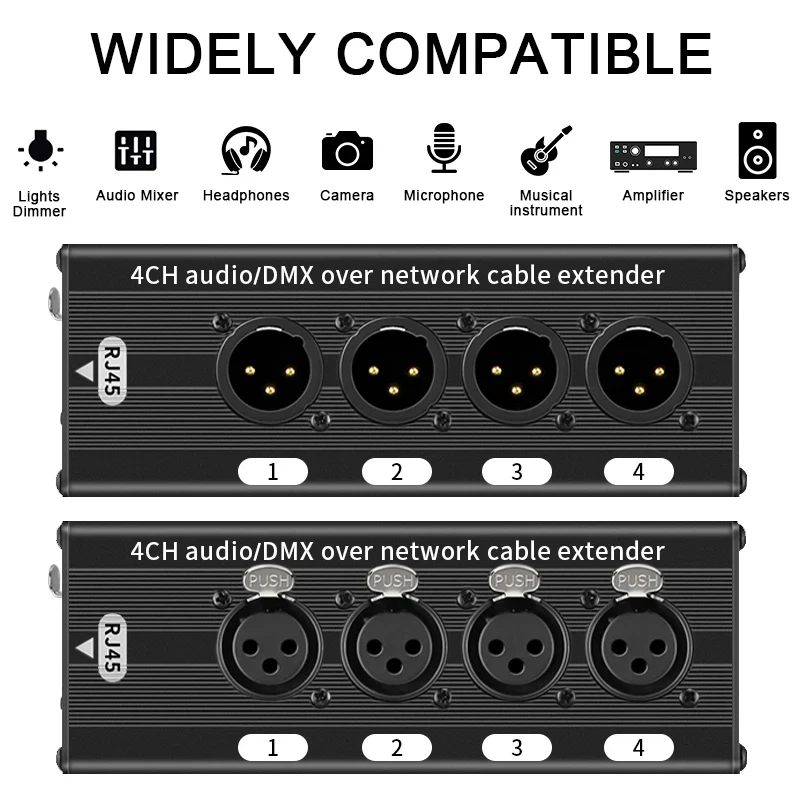 RJ45 CAT5 to 4 Channel 3Pin XLR/DMX Audio Extender DMX512 Network Signal gilding Extender For Live Stage, Audio Recording Studio