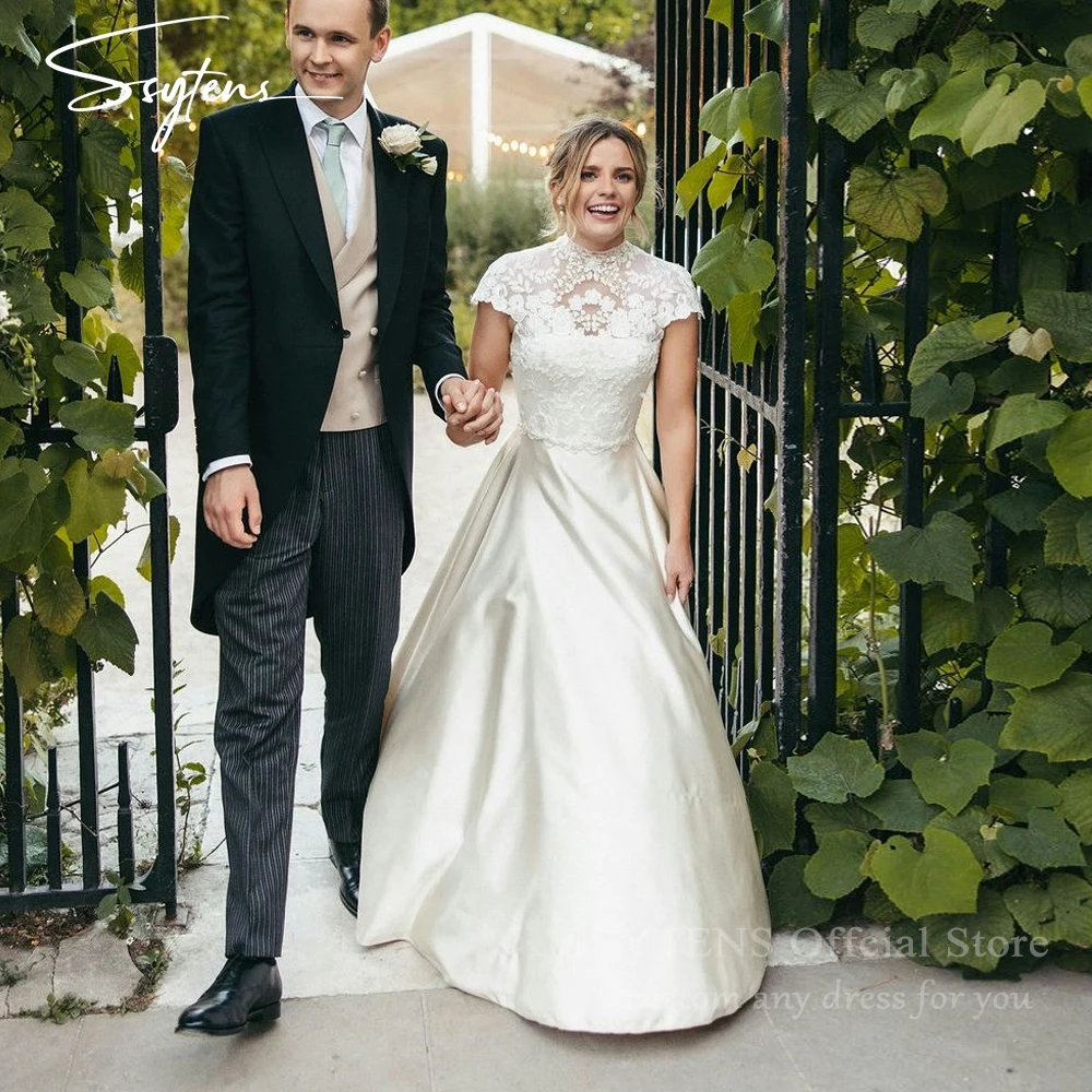 

SSYTENS Elegant Lace A Line Wedding Dresses Backless Cap Sleeve Bridal Dresses Brides Appliques Vestido De Novia Robe De Mariée