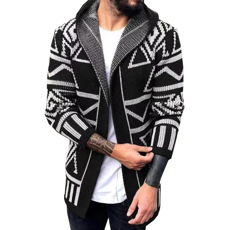

2025.Men Mid Length Coat Hooded Cardigan Open Stitch Sweaters Full Sleeve Splice Knit Casual Regular Coats Autumn Winter
