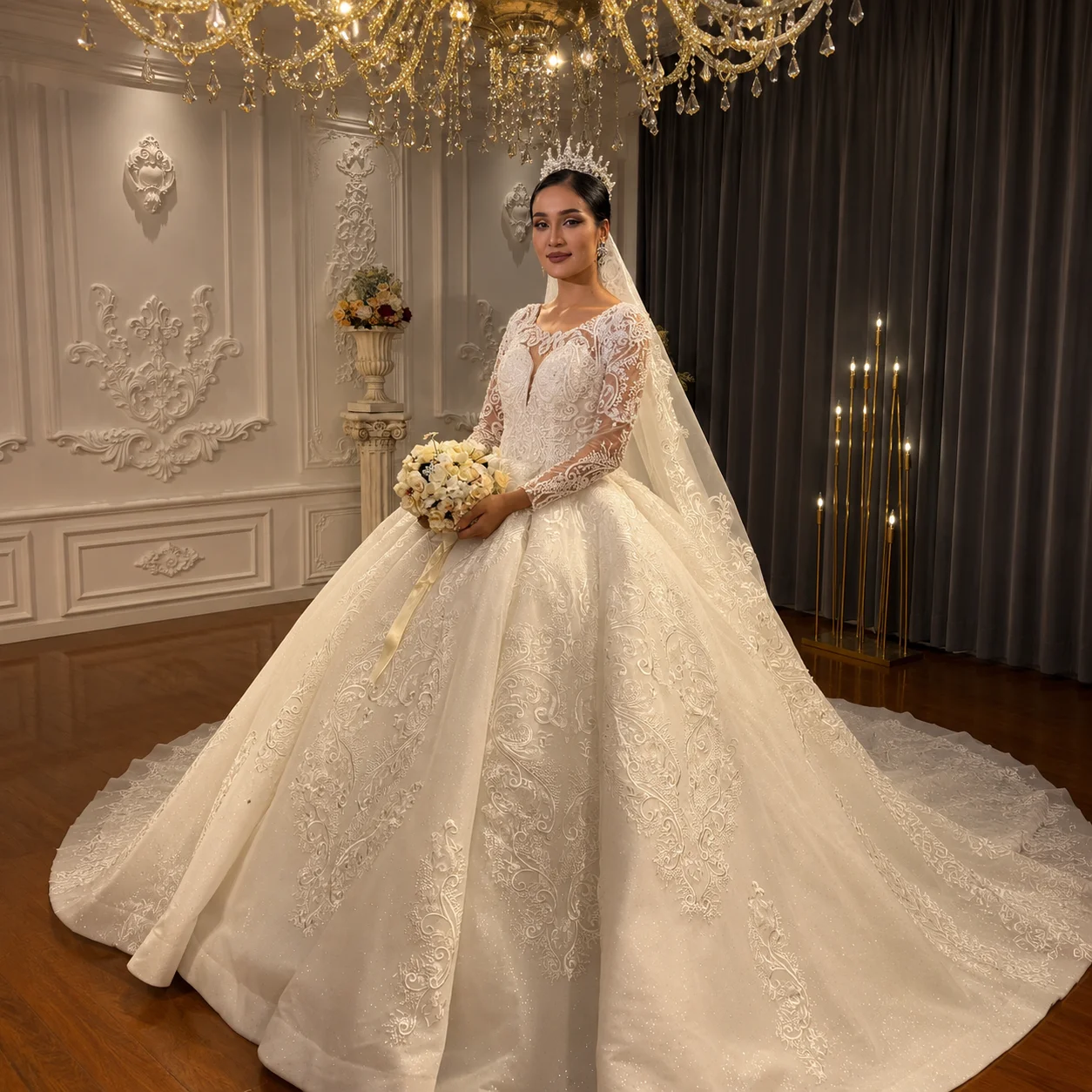 Customized Luxury Lace Wedding DressSparkly Embroidery Bridal Gown Cathedral Train Amanda Novias Official