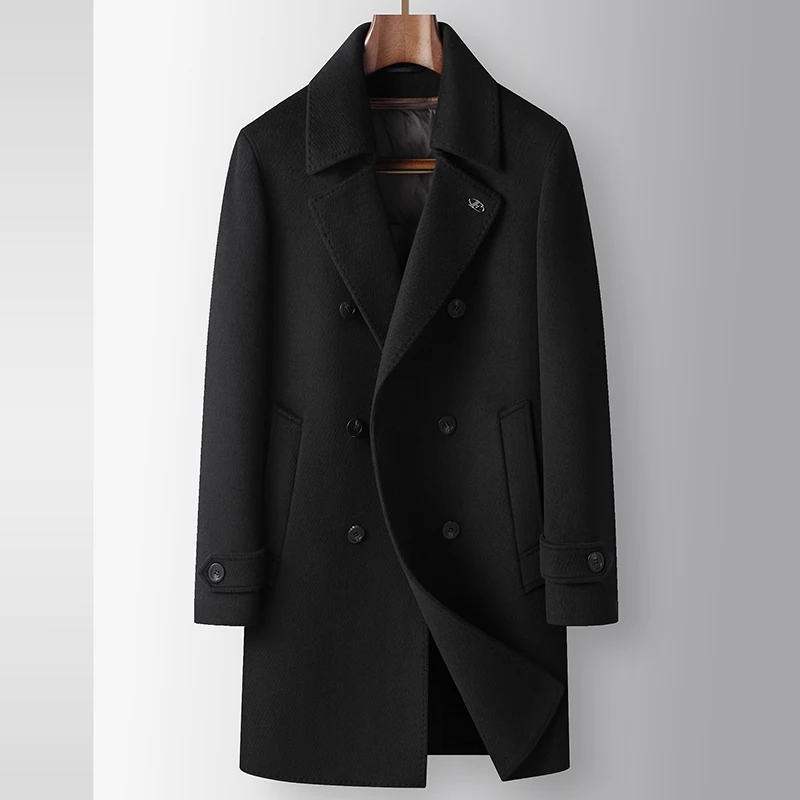 Men Mid Long Wool Overcoat 67.9% Sheep Wool Detachable 90% Goose Down Liner Double Breasted Business Winter Warm Woolen Coat