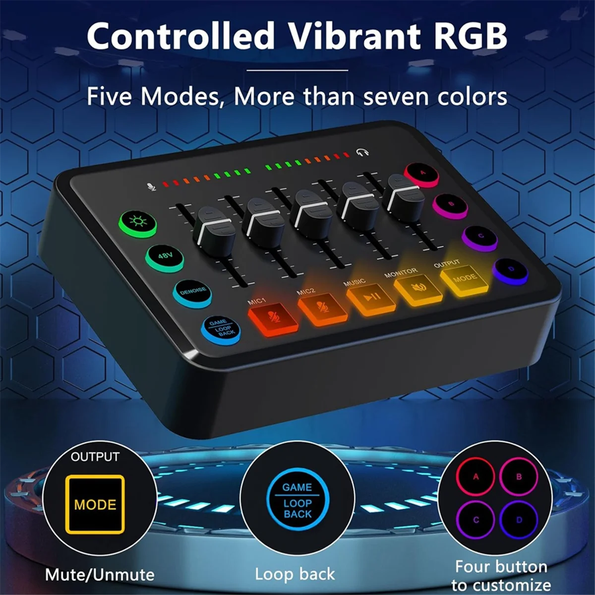 Gaming Audio Mixer, Streaming RGB PC Mixer with XLR Microphone Interface, Volume Fader, 48V Phantom Power for Podcast