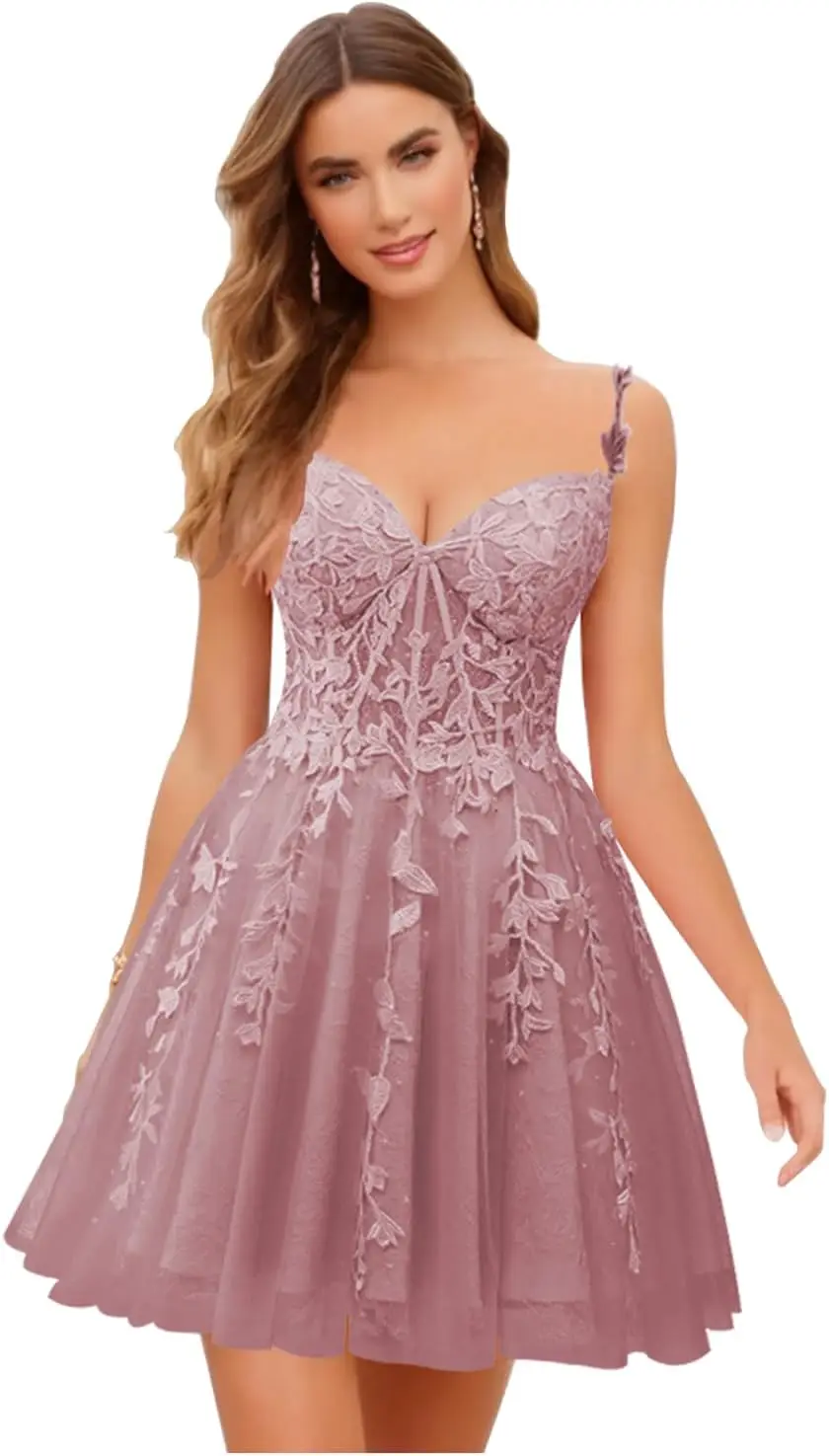 Women's Corset Lace Applique Prom Dresses 2026 Short Tulle Sweetheart Neck Homecoming Dress for Teens Party Graduation Dress