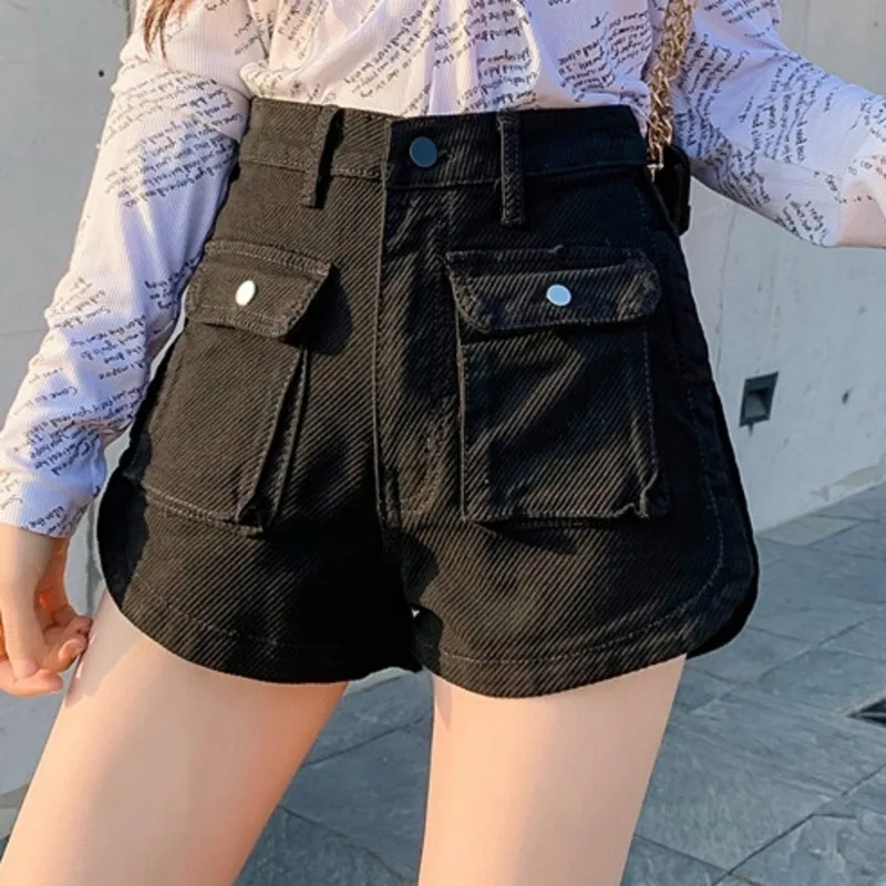 Women\'s Denim Shorts Workwear Style Summer New Ins Loose Slimming Wide Leg A-line Pants Pocket Denim Hot Pants