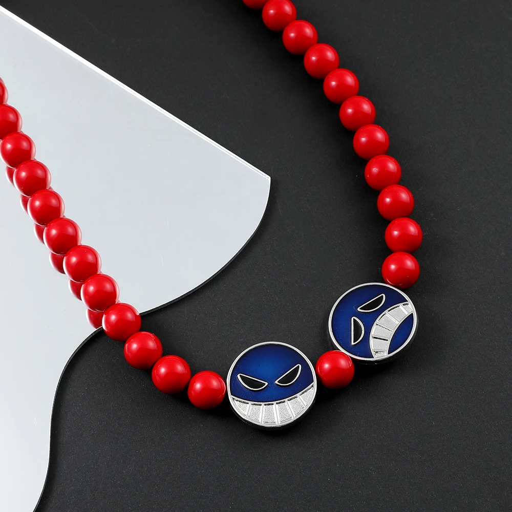 One Piece Ace Cosplay Necklace Red Beads Blue Face Charm Accessories Gifts for Anime Fans