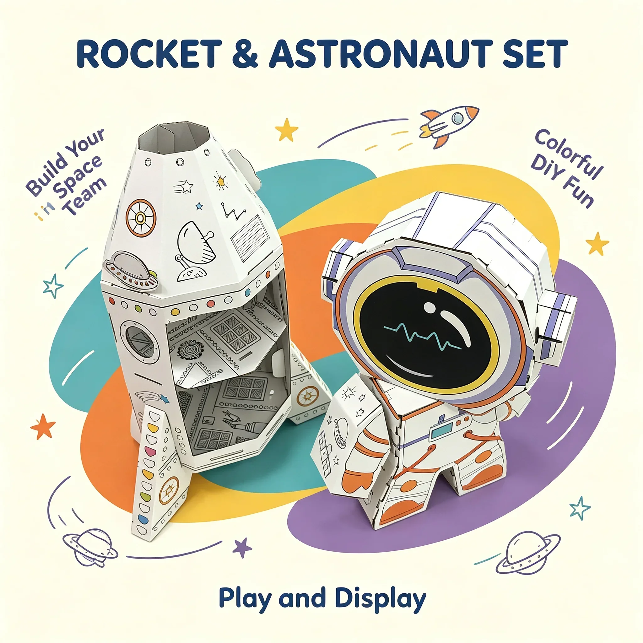 STEM Educational DIY Doodle Art 3D Cardboard Craft Kit Space Rocket Astronaut UFO Coloring Puzzle Toy Gift For children boy gril