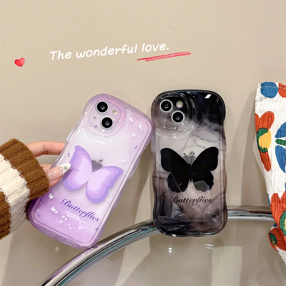 USLION Butterfly Pattern Curly Wavy Border Phone Case For iPhone 14 13 12 11 Pro Max 11promax Clear Soft TPU Shockproof Cover