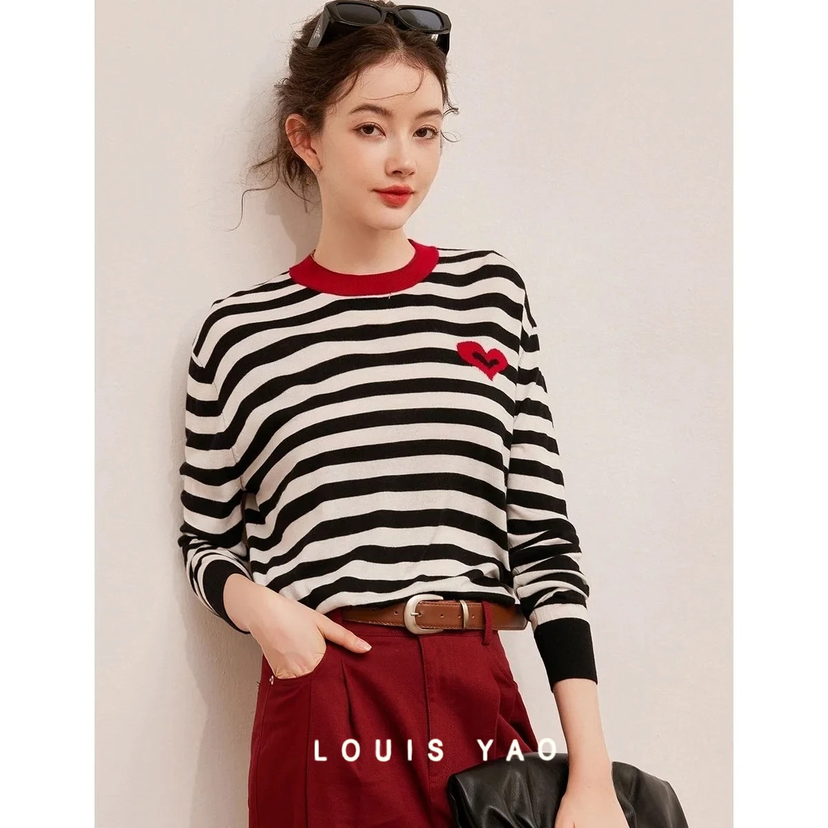 

LOUIS YAO New Color Contrast Stripe Jacquard Pullovers 2025 Top Spring Round Neck Loose Long Sleeve Women's Knitwear New