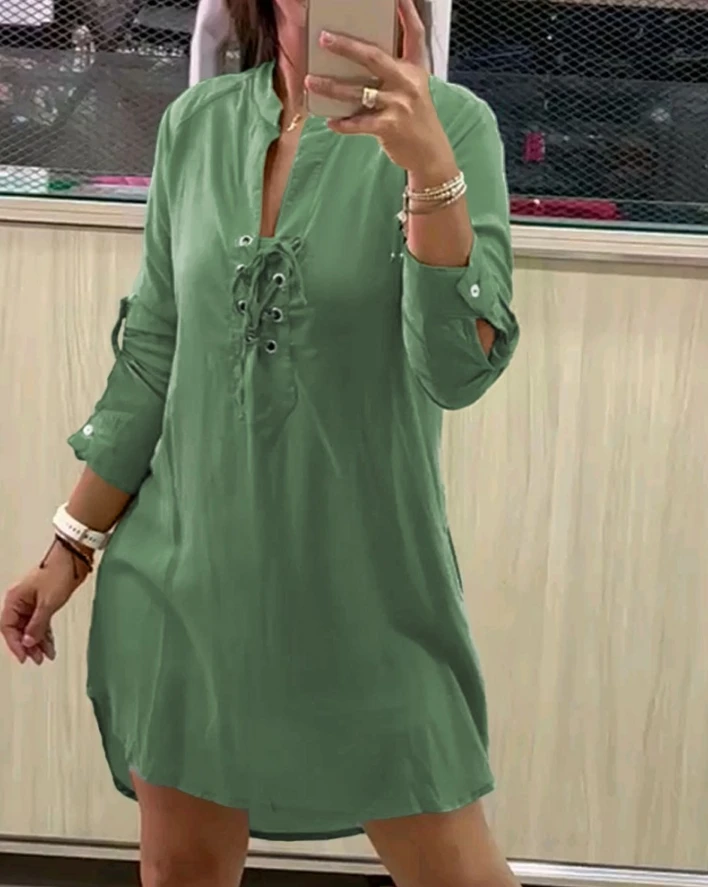 

Womens Dresses 2024 Summer Fashion Eyelet Lace-Up Pocket Design Long Sleeve Casual Stand Collar Plain Straight Shirt Mini Dress