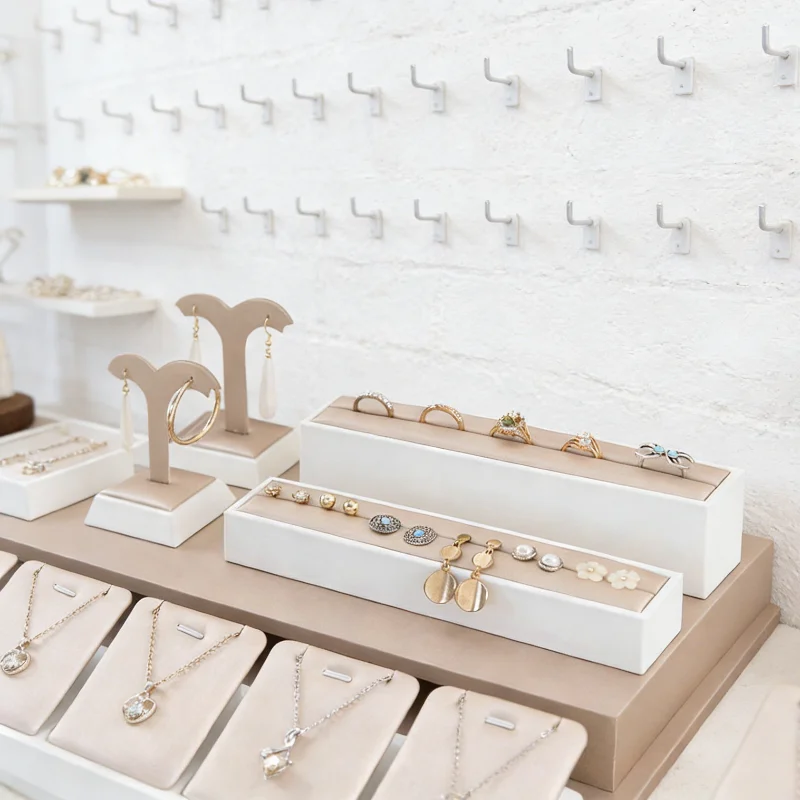 Jewelry Display Set in Champagne Leather, Multi-Piece Showcase for Necklace Bracelet Ring & Bangle, Mall Counter & Video Prop