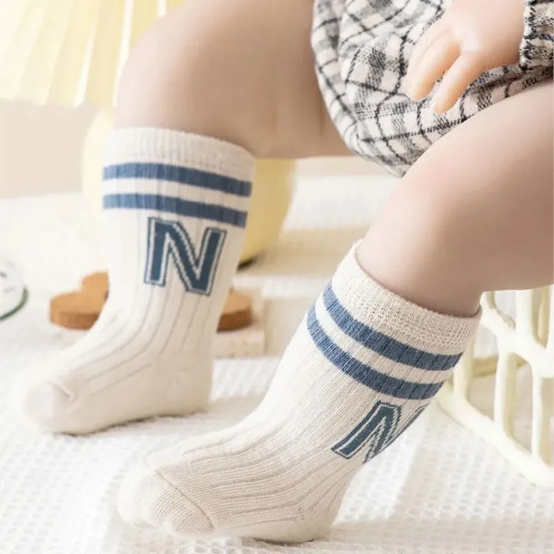 3 Pairs Infants Letter Socks Cotton Knit Soft Cute Toddler Boys Casual Socks Kids Baby Girls Striped Middle Tube Long Socks