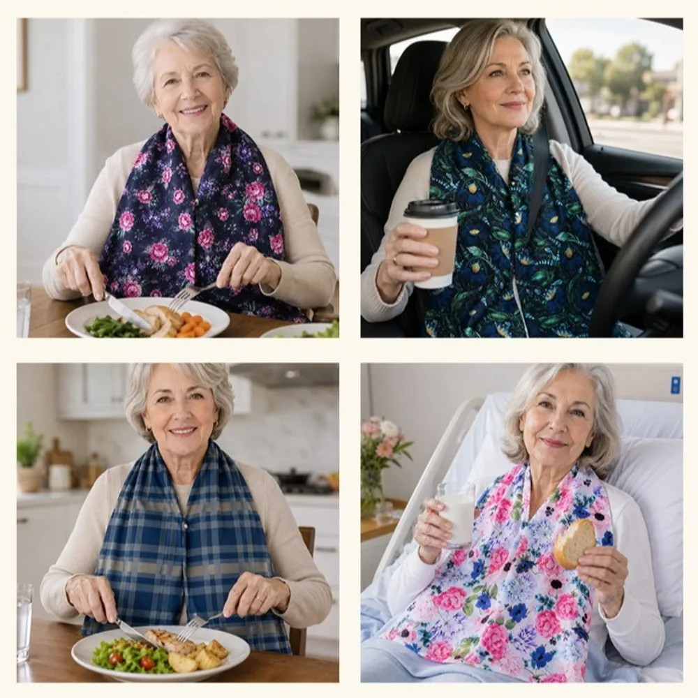 Waterproof Adult Oil-proof Bib Breathable with Snap Buttons Floral Print Scarf Bib Soft Skin-friendly Fixed Scarf Caregiver