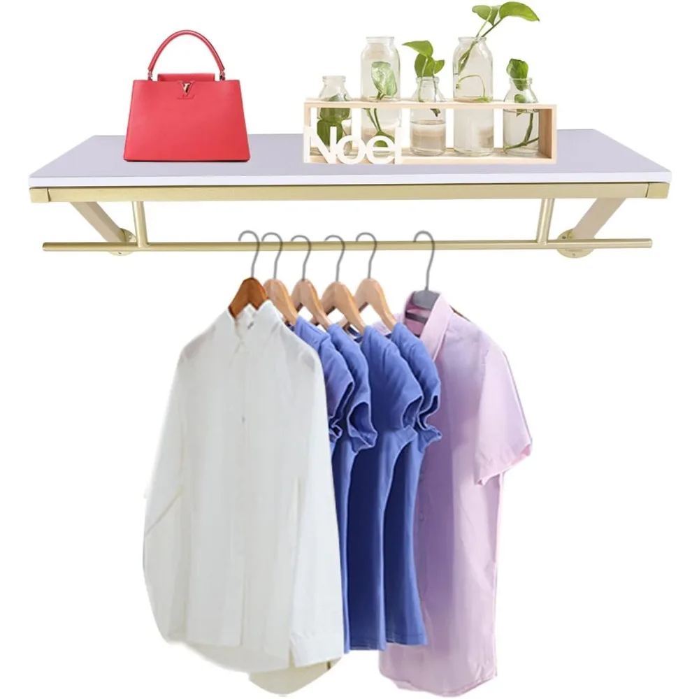 

Clothes Rack with Top Shelf Wall Mounted Garment Rack Space-Saving Display Hanging Clothes Rack Closet Storage