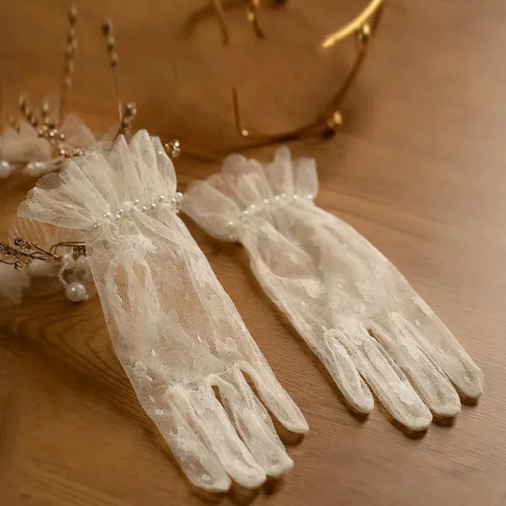 

Beautiful Breathable Bridal Gloves Bow Thin Wedding Mittens Satin Pearl Short Black Mittens Banquet