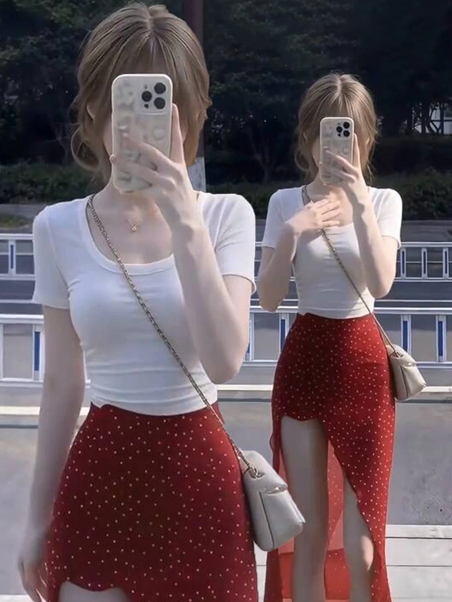

Korean Style Sweet White U-Neck Short Sleeve T-Shirt Women Summer Asymmetrical Slit Floral Halter Skirt Two-Piece Set