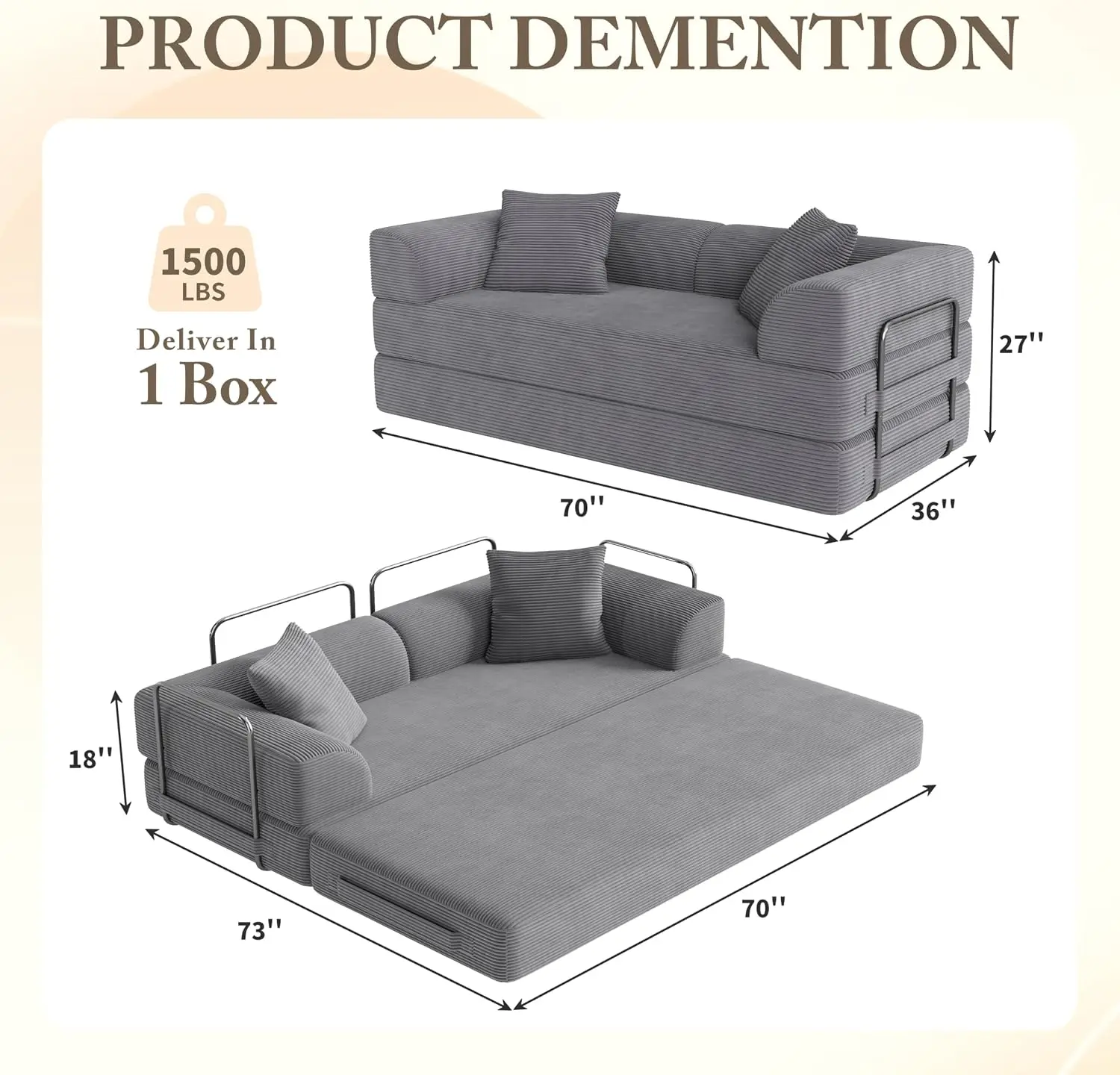 Cloud Boneless Couch Futon Sofa Bed, 5-in-1 Convertible Sofa Bed Pull Out Couch Sleeper Sofa Compressed Loveseat, 70