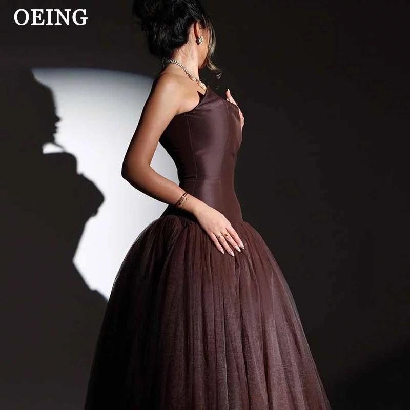 

OEING Elegant A-Line Brown Prom Dress Strapless Draped Party Gowns Floor-Length Lace-up Back Evening Dress Customized