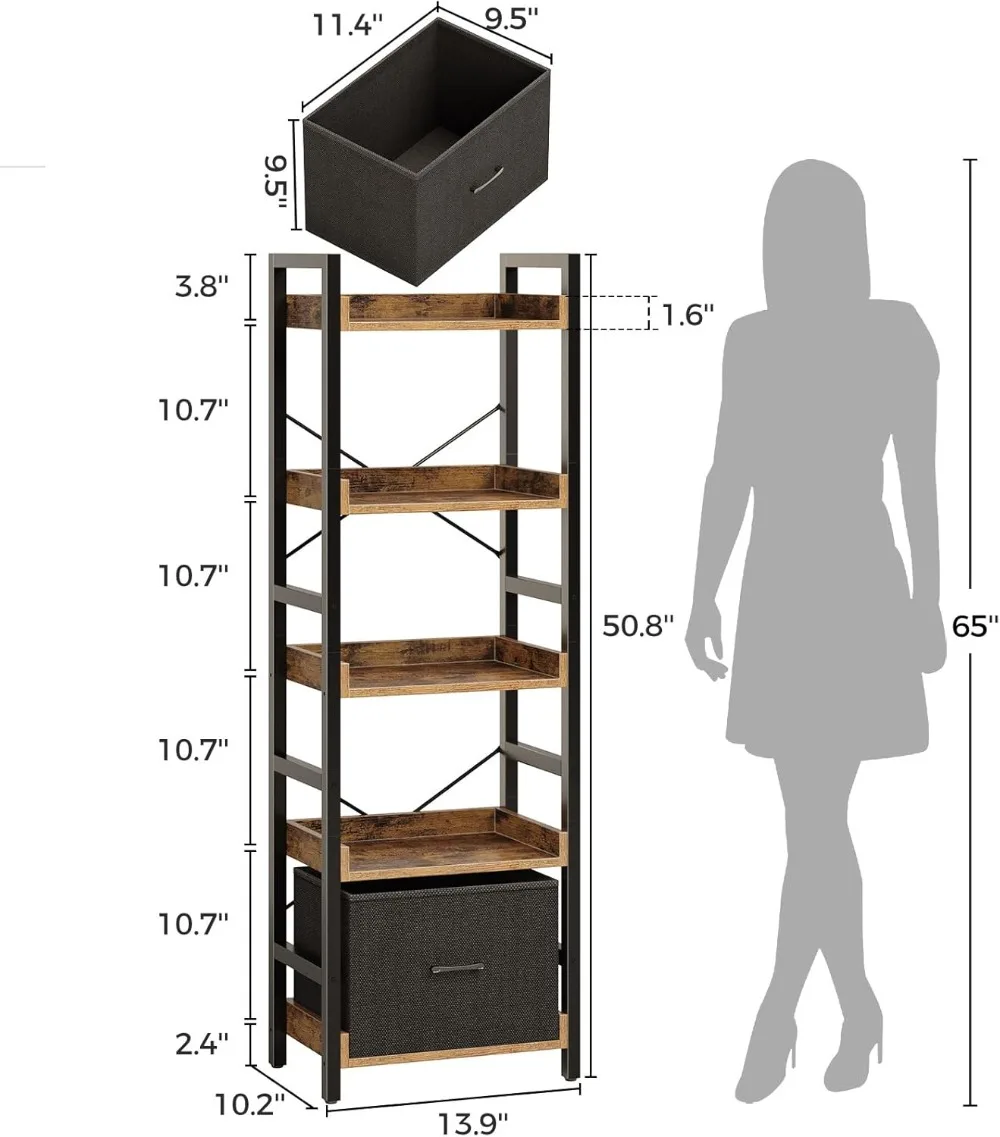 Boekenplank 5-laags met verwijderbare lade, industriële houten displayplanken voor slaapkamer, woonkamer, kantoor, keuken, rustiek bruin