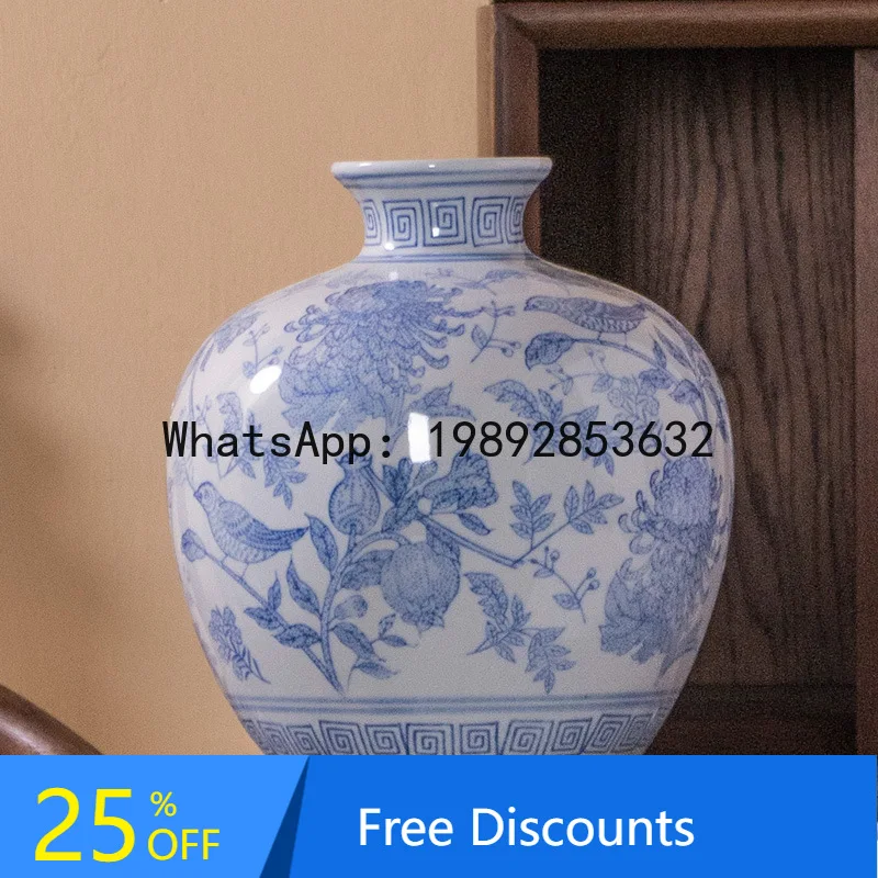 

CZ Elegant Blue and White Porcelain Pomegranate Vase Living Room High-end Flower Arrangement Decoration Artistic Flower Vase