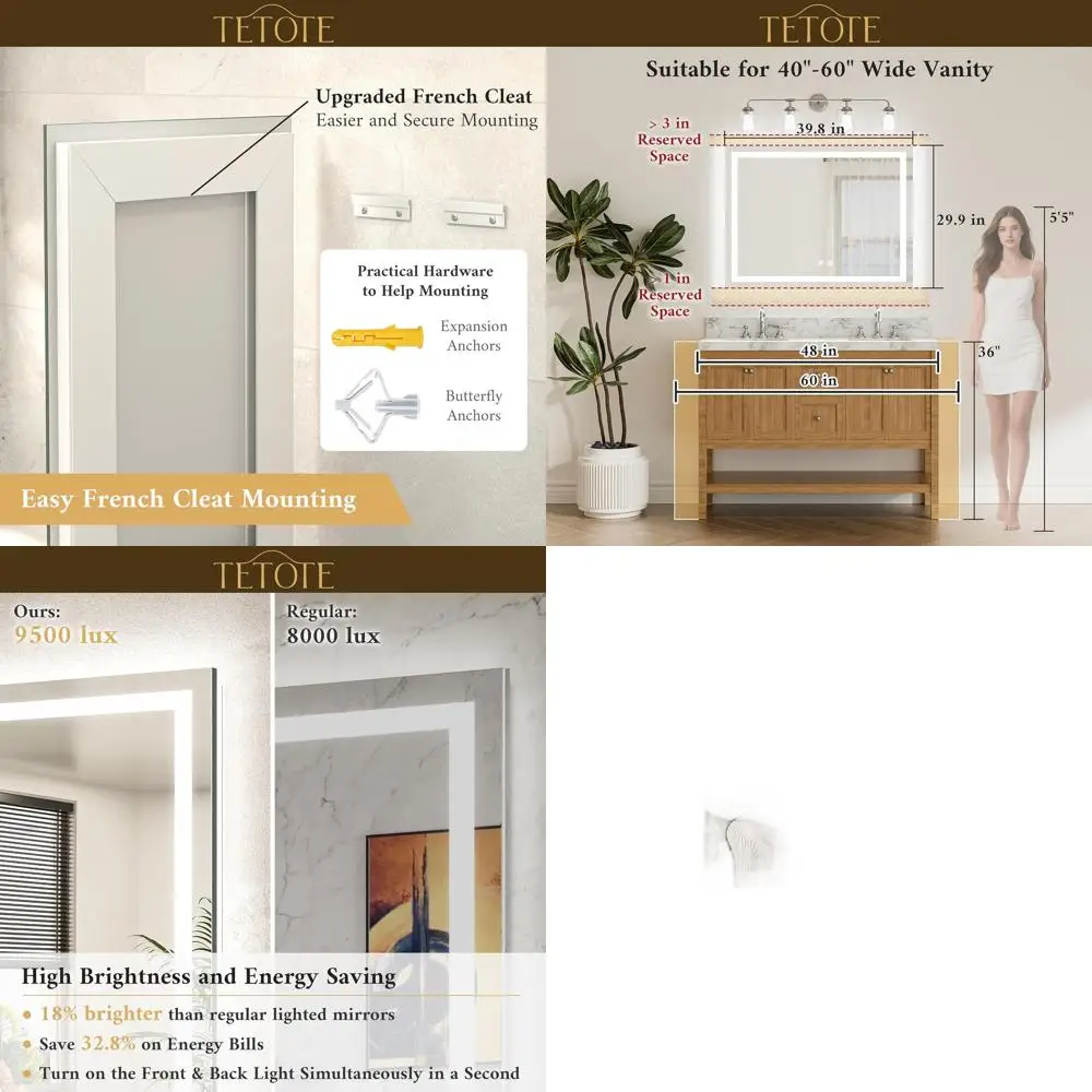 

Зеркало для ванной 40x30 см с LED-подсветкой, 3-цветной регулируемой подсветкой и закаленным стеклом