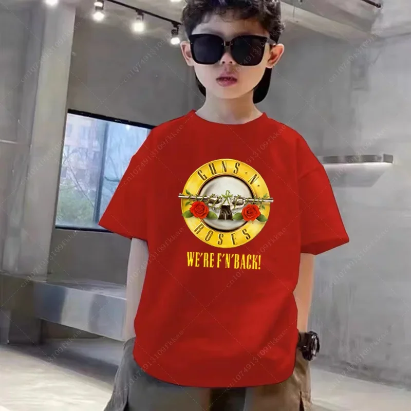 Size3T-14T Kids Rock Band Gun N Roses Print T Shirt Children Summer White Tops Boys and Girls Fashion Casual Child T-shirt Tops