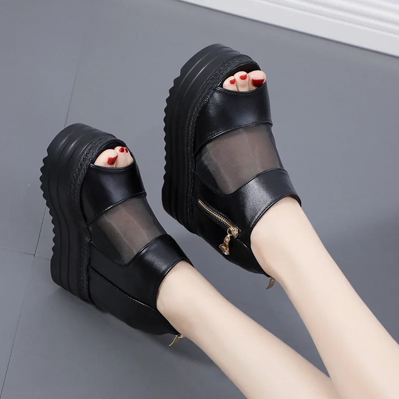 Platform Shoes Summer 2023 New Fish Mouth Sandals Women European American Retro Thick Soles Mesh Shoes Sponge Soles Roman Shoe