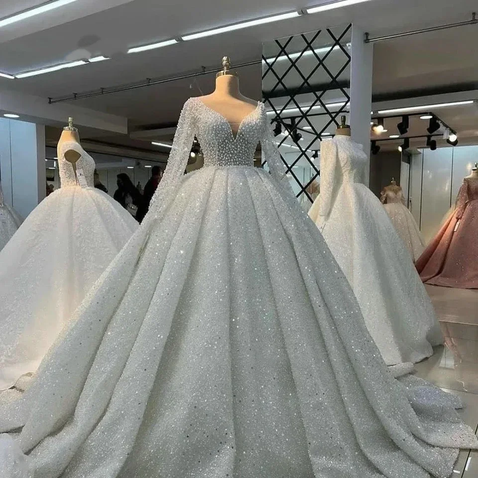 

Vinca Sunny Customized Pearls Beaded Ball Gown Wedding Dresses 2025 Dubai Lace Tulle V-Neck Bride Gowns Vestido De Noiva
