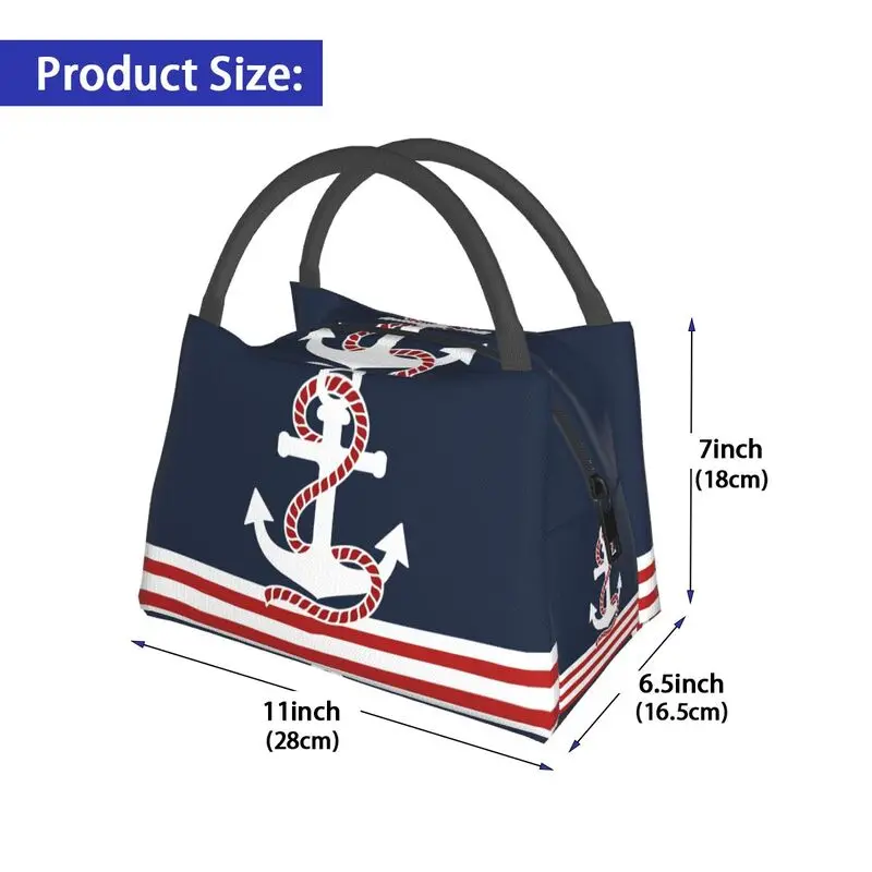 Nautical Red White Stripes Red Anchor Portable Lunch Box Multifunction Navy Navigation Thermal Cooler Food Insulated Lunch Bag