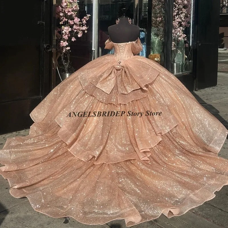 ANGELSBRIDEP Блестящие платья принцессы для мексиканских девушек Quinceanera с открытыми плечами, корсет на шнуровке, Charro, платье Xv 15, индивидуальный заказ