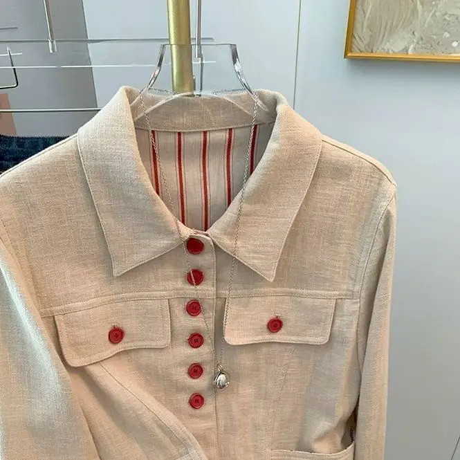 Contrasting Striped Lapel Linen Jacket Women's 2026 Early Autumn New Niche Foreign Versatile Jacket Top