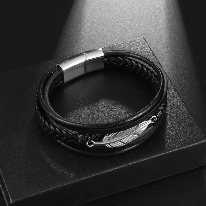 Classic multi-layered leather feather metal buckle bracelet men\\\\\'s business casual party jewelry gifts wholesale